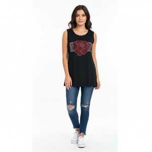 Shiny Black Sleeveless Top or Mini Dress with Red Rhinestone Rose, One Size NWT